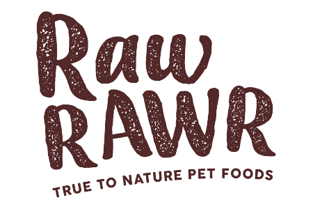 Logo for 'Raw RAWR True to Nature Pet Foods' with a rustic brown text on a white background.