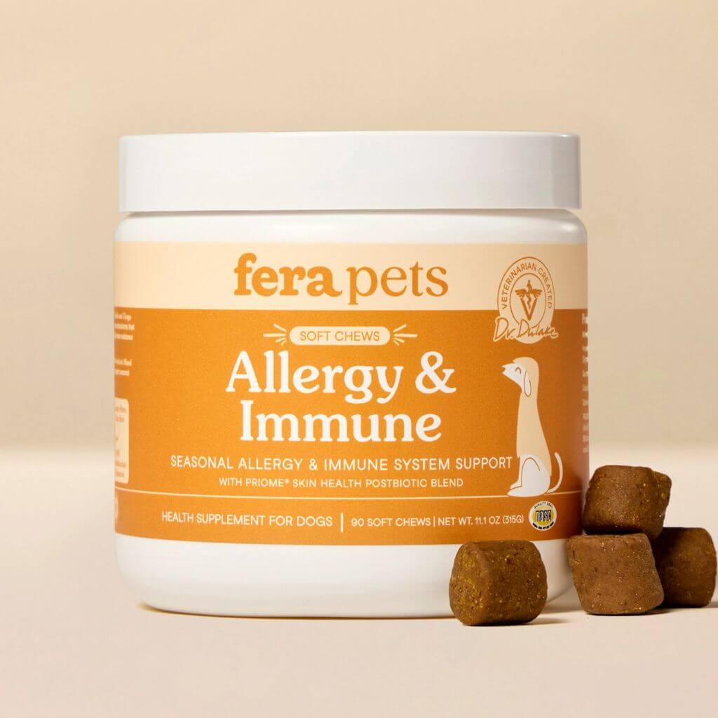 Fera Pets Allergy and Immune Soft Chews against a beige background with some chews scattered on the side.