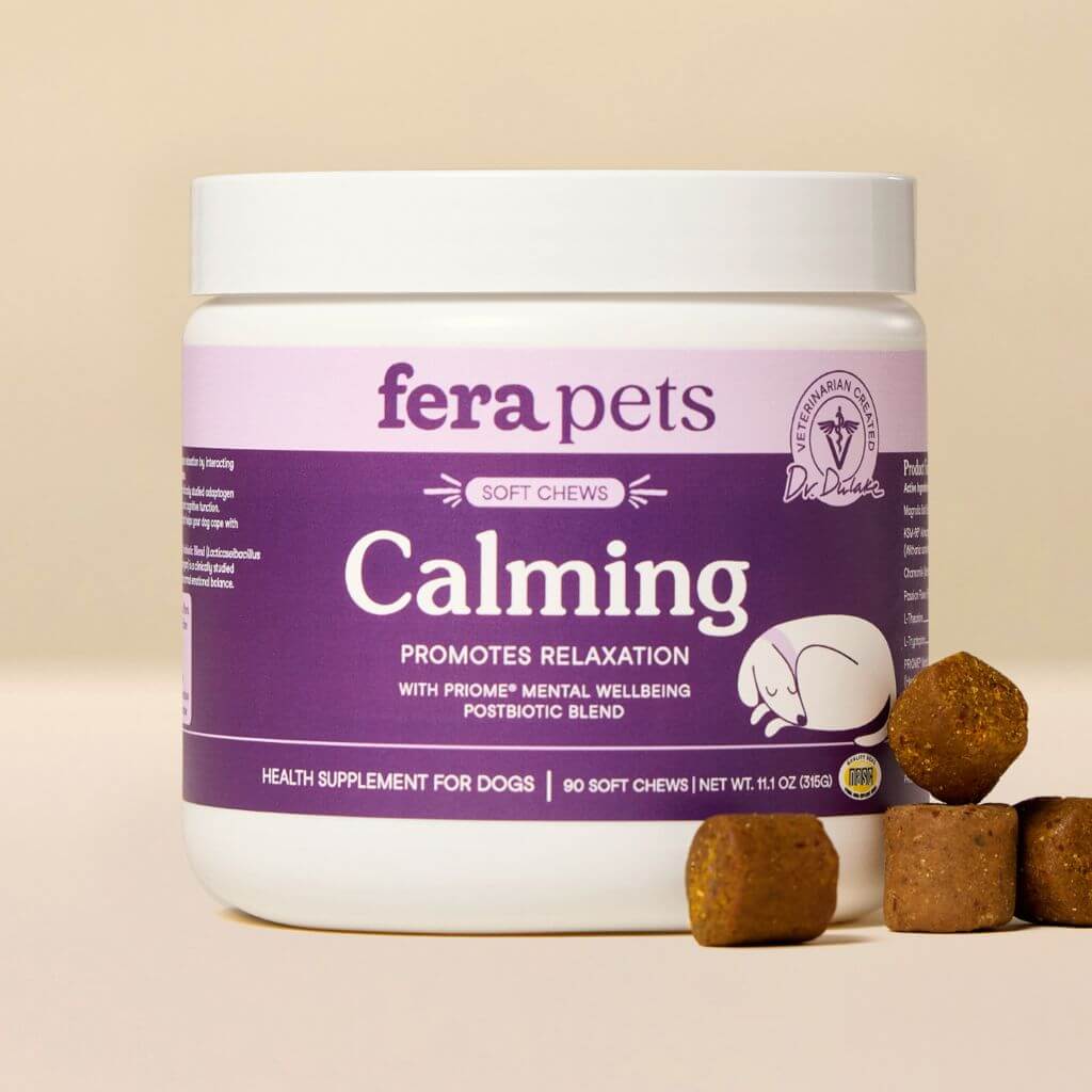 Fera Pets Calming Soft Chews against a beige background with the soft chews scattered on the side