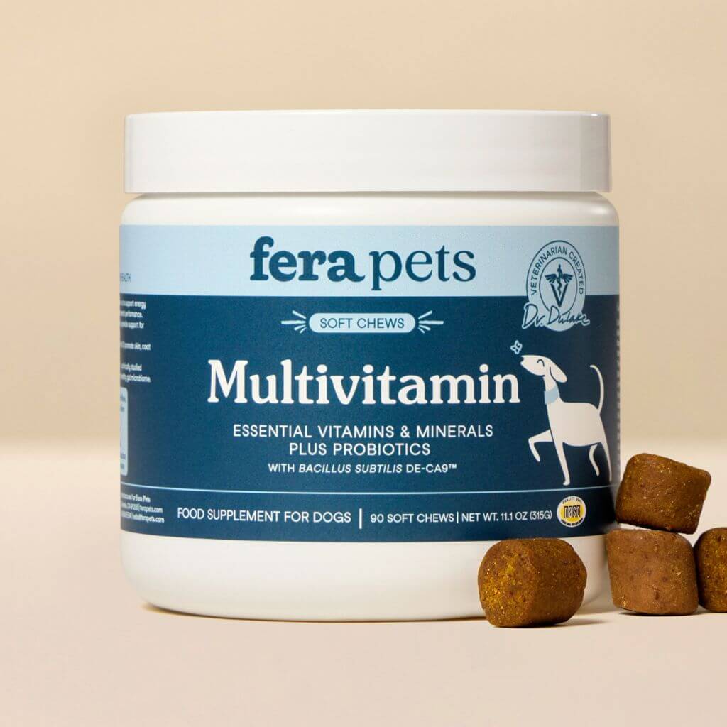 Fera Pets Multivitamin Soft Chews against a beige background with the soft chews scattered on the side
