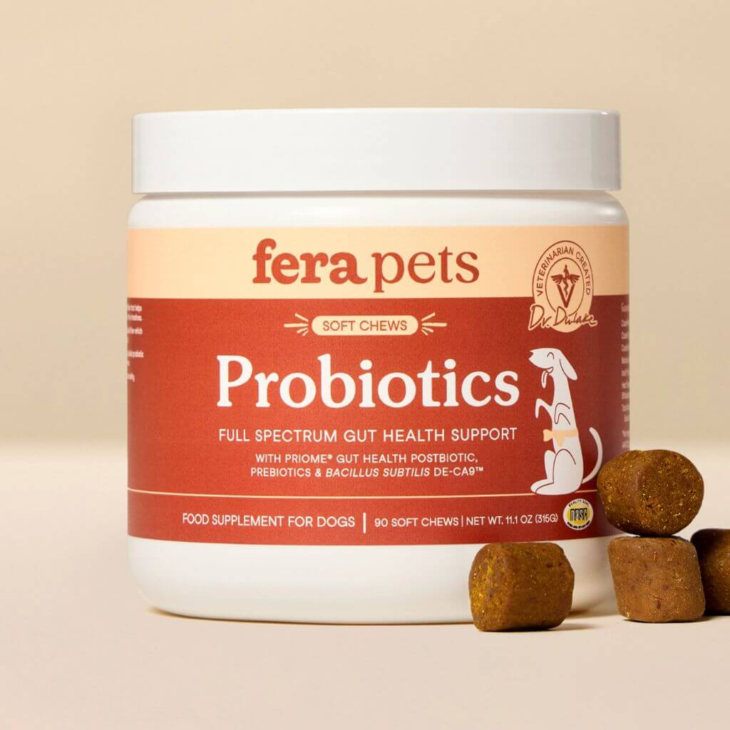 Fera Pets Probiotics Soft Chews against a beige background with the soft chews scattered on the side