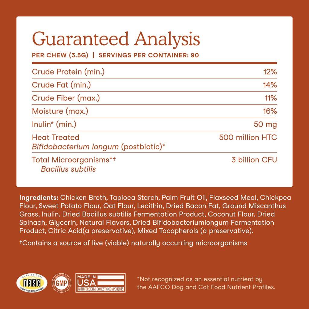 Guaranteed analysis for Fera Pets Probiotics Soft Chews