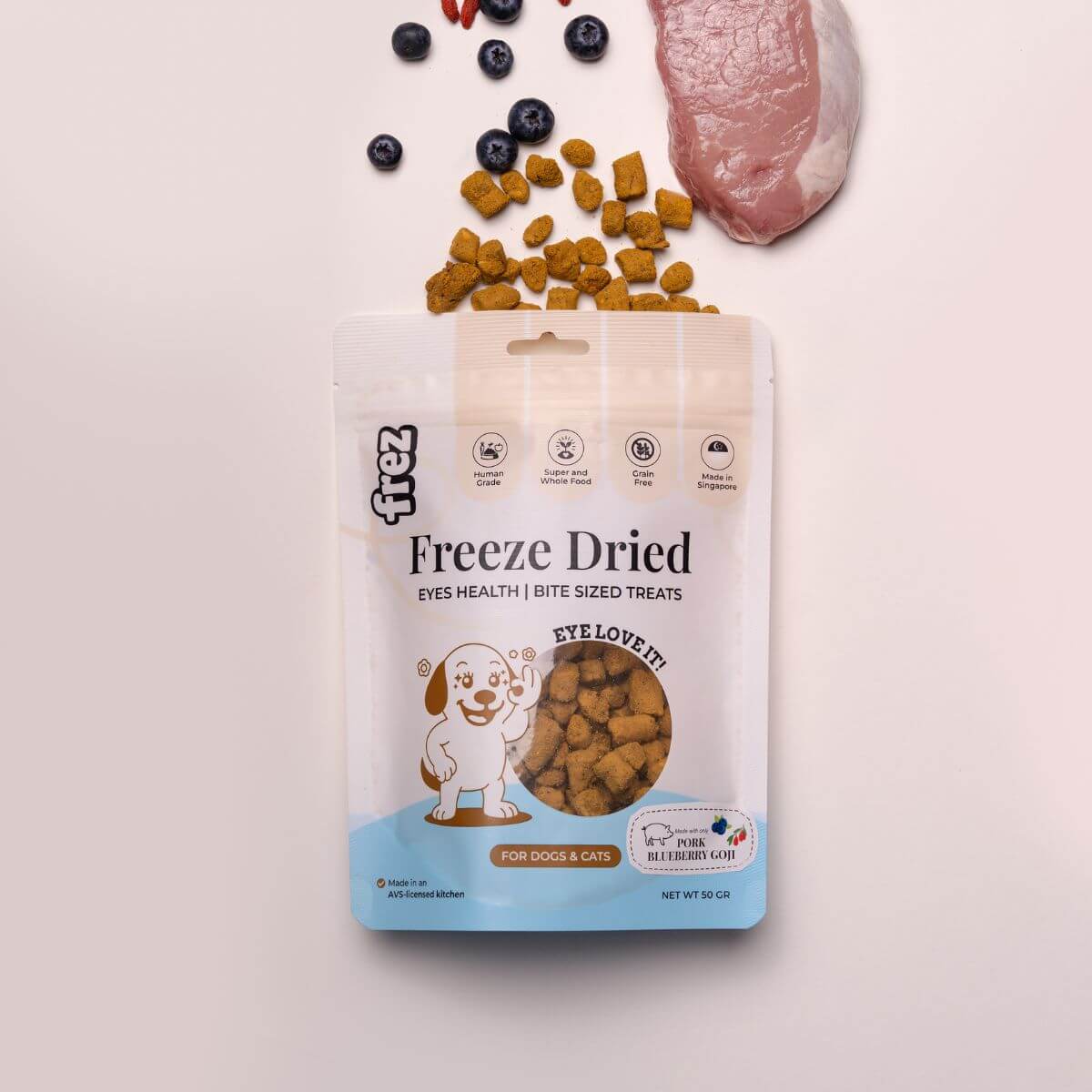 Frez Eyes Health Freeze Dried Pork with Blueberry & Goji Treats against a white background.