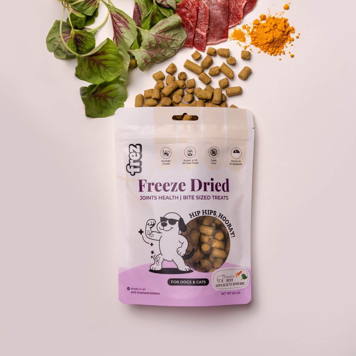 Frez Joints Health Freeze Dried Beef with Spinach & Turmeric Treats against a white background.