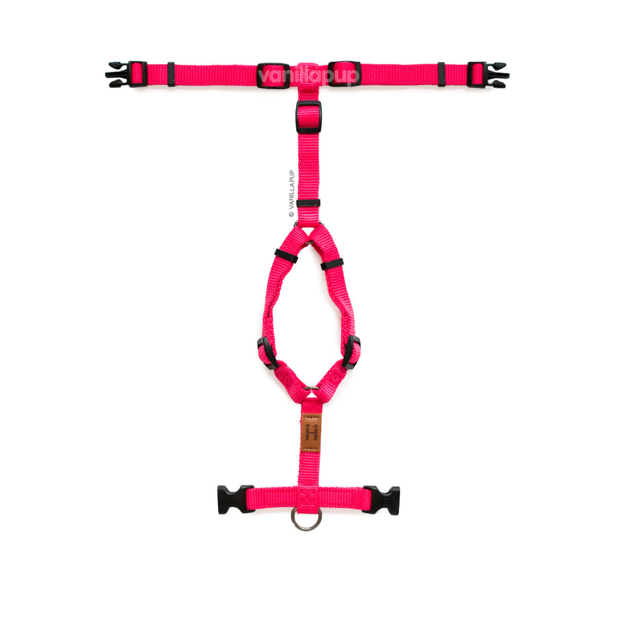 Pink dog harness with black hardware on a white background