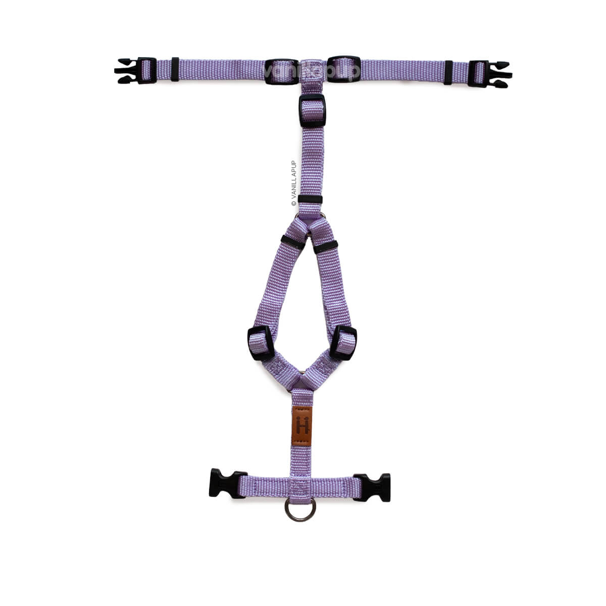 Purple dog harness with black accents on a white background