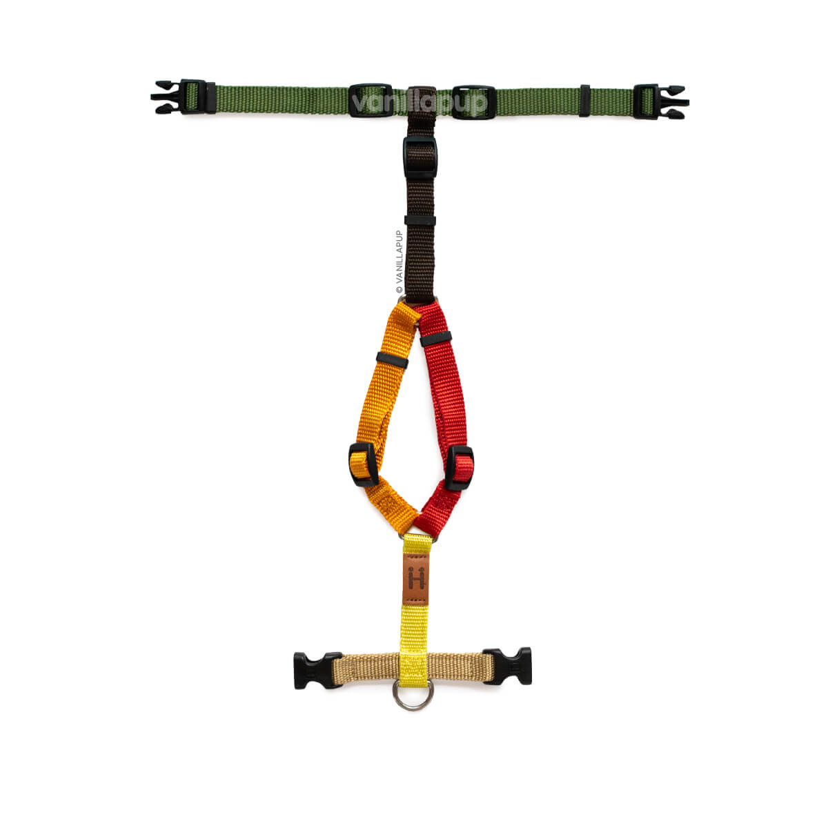 Dog harness with colorful design on a white background