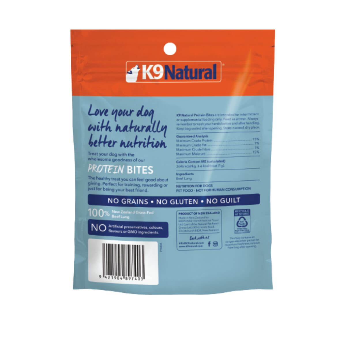 K9 Natural Beef Lung Protein Bites against a white background.