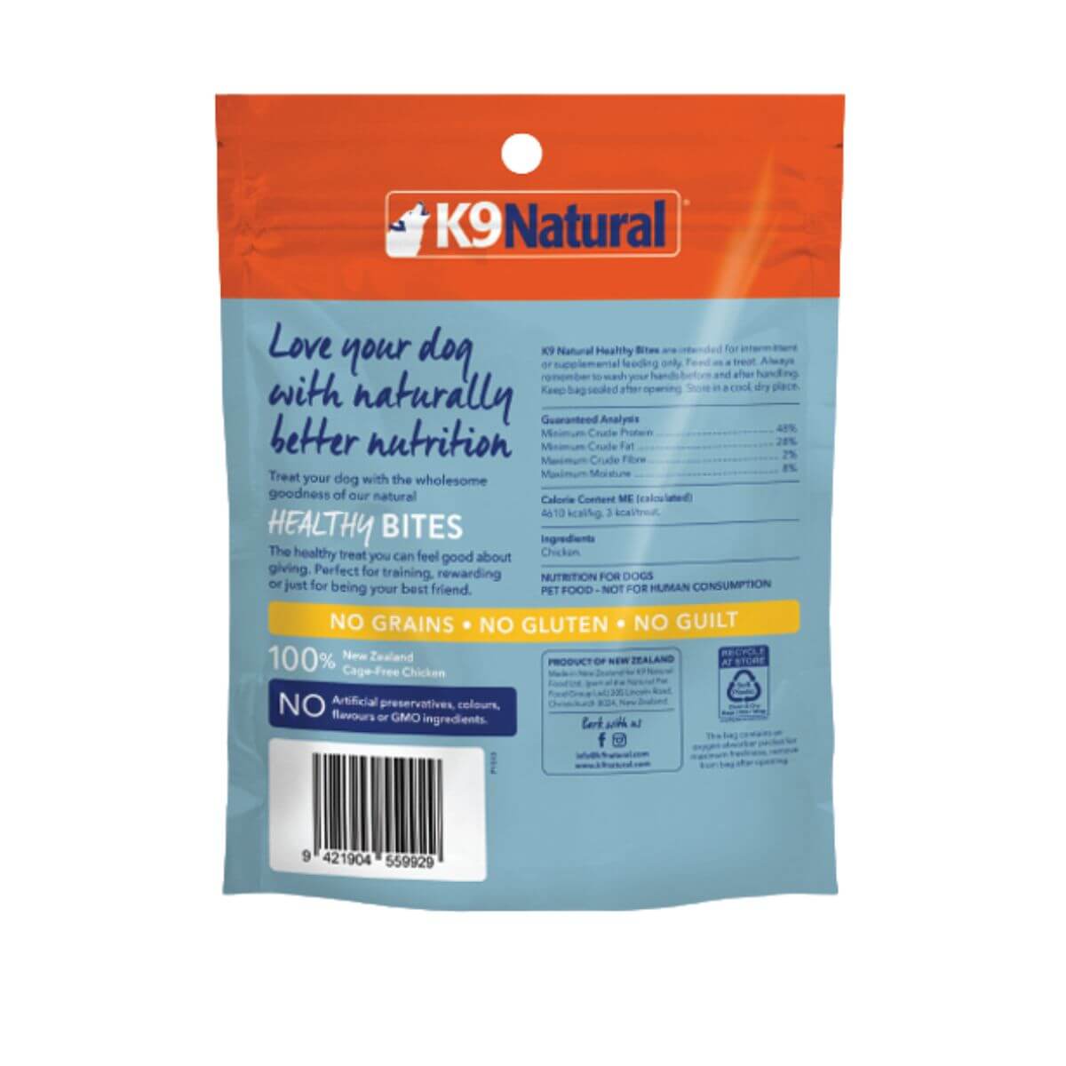 K9 Natural Chicken Bites against a white background.