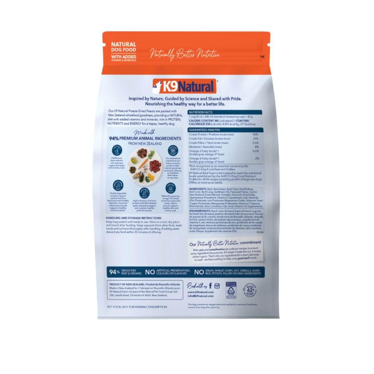 K9 Natural Freeze Dried Beef Feast against a white background (back).