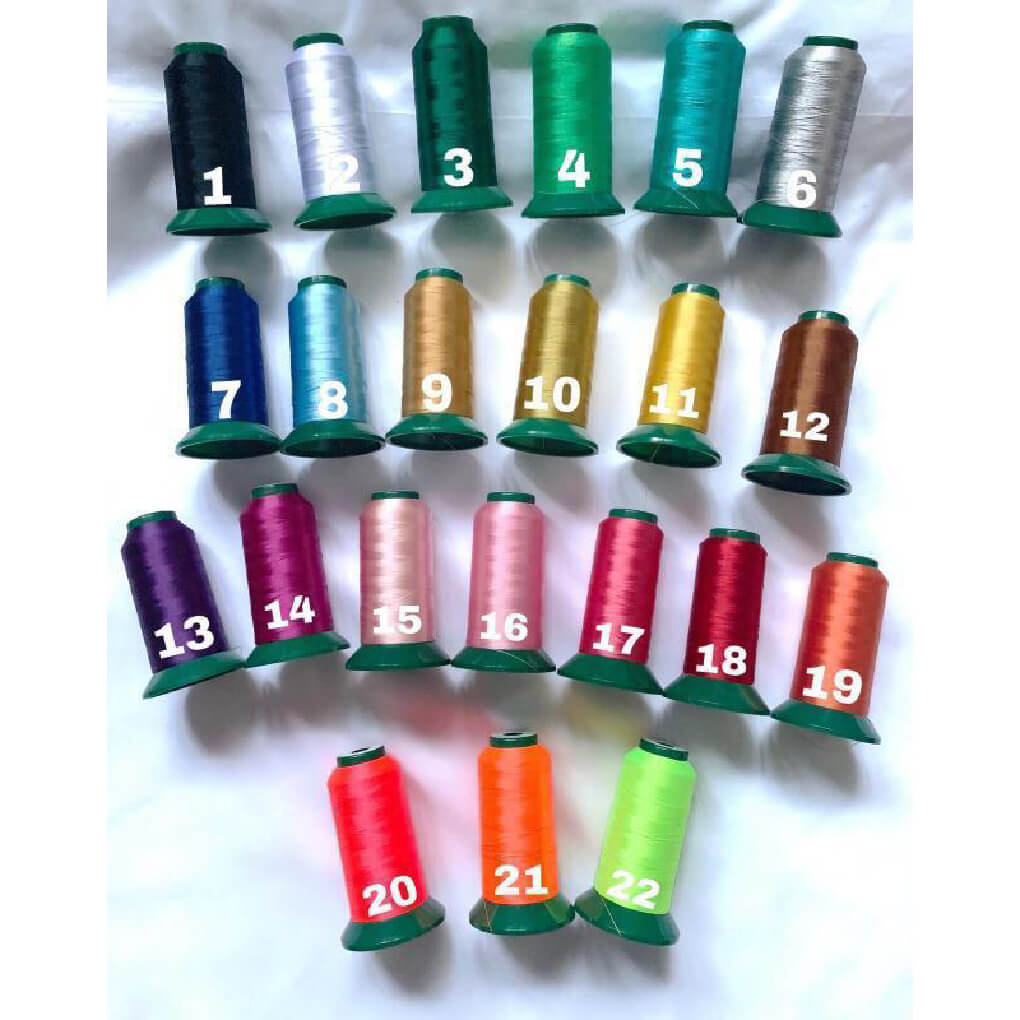Set of 22 spools of thread in various colors with numbers on a white background
