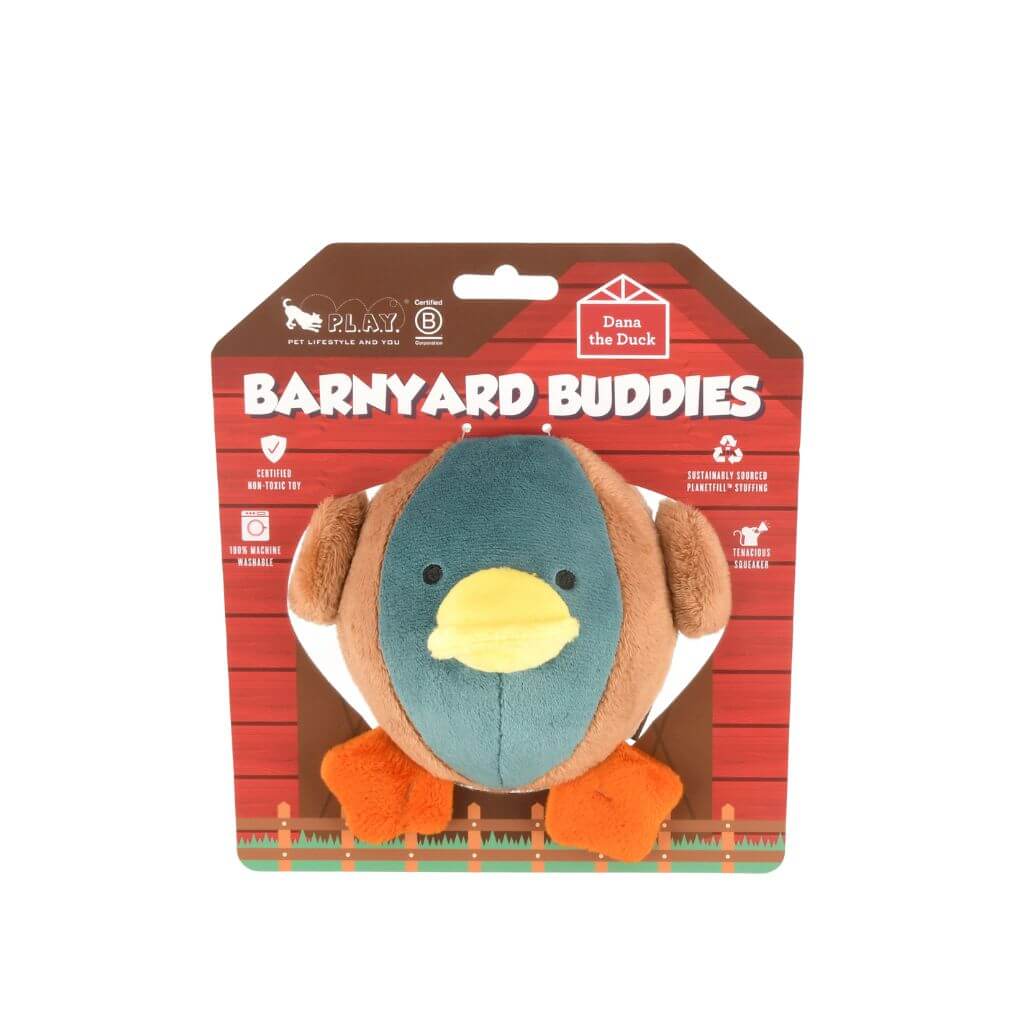 PLAY Barnyard Buddies, Dana the Duck dog toy against a white background.