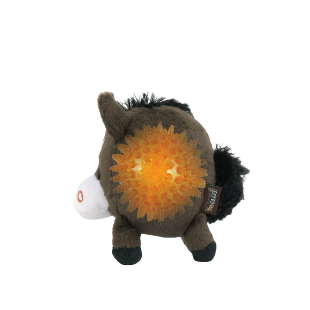 PLAY Barnyard Buddies, Harley the Horse dog toy with a hidden spiky squeaker ball against a white background.