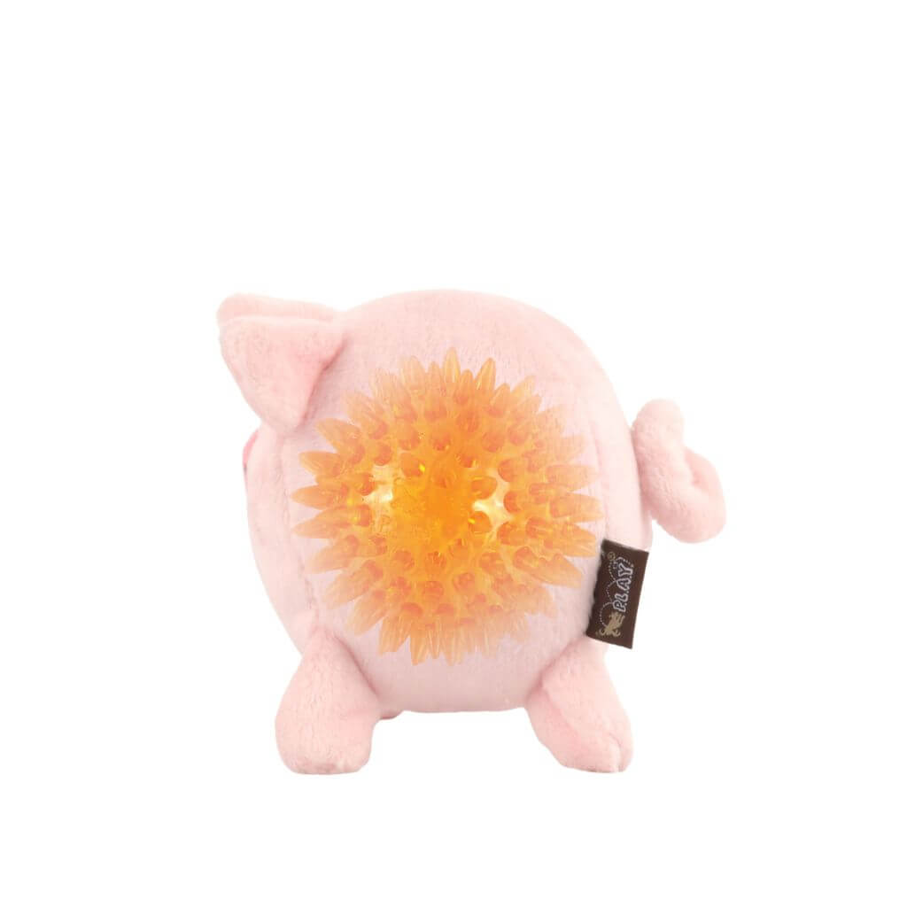 PLAY Barnyard Buddies, Paul the Pig dog toy with a hidden spiky squeaker ball against a white background.