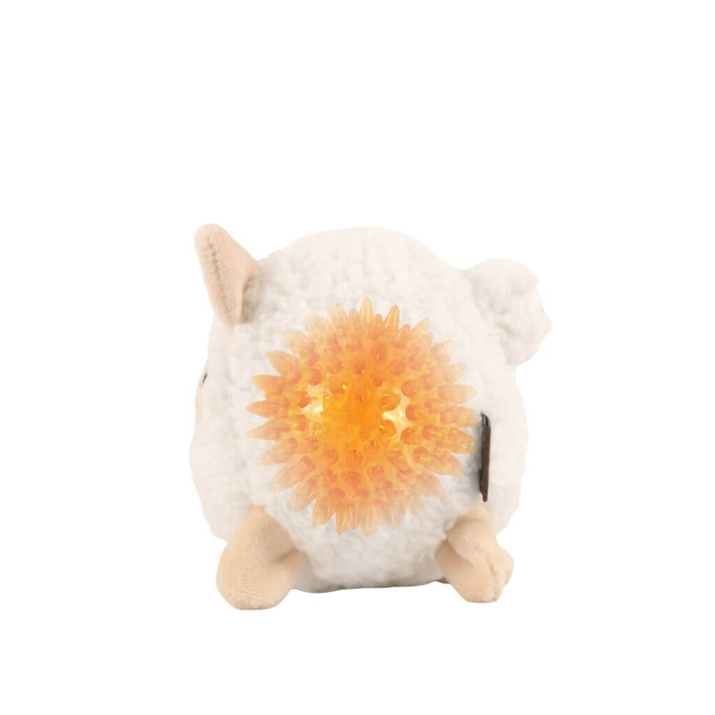 PLAY Barnyard Buddies, Sadie the Sheep dog toy with a hidden spiky squeaker ball against a white background.