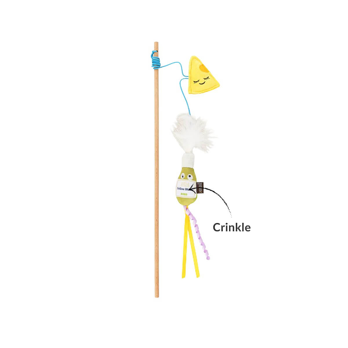 PLAY Feline Frenzy Feline Blanc Wand against a white background with a description of the crinkle component.