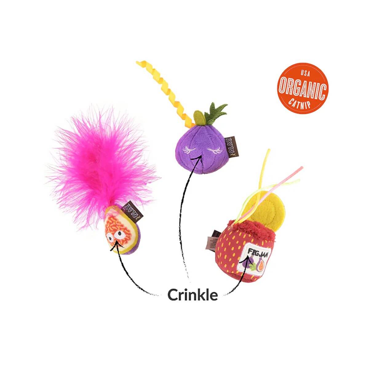 PLAY Feline Frenzy Catnip Toy, Fig N' Whiskers against a white background.