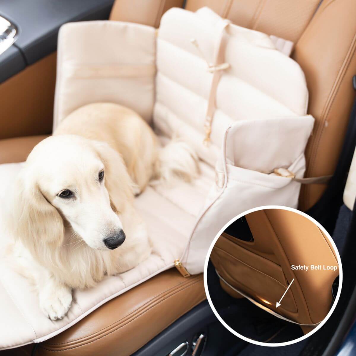 Pups and Bubs Everywhere Convertible Tote Bag Carrier in the car with a safety belt loop.