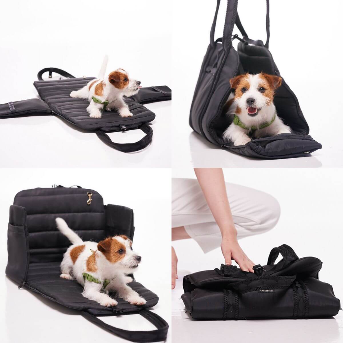 Pups and Bubs Everywhere Convertible Tote Bag Carrier in black with a Jack Russell Terrier in it.