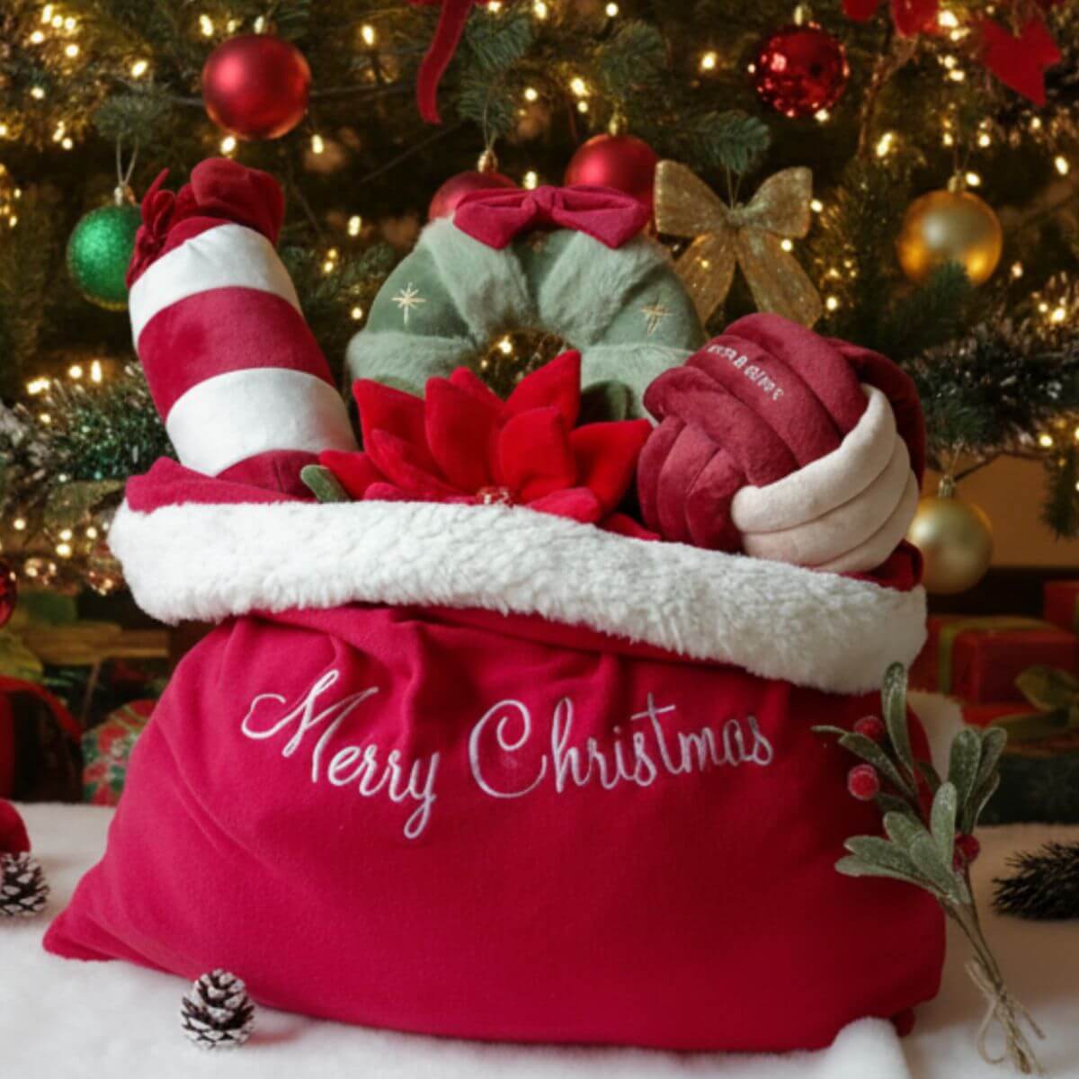 Santa's bag full of Pups and Bubs' nosework toys, including the Pups & Bubs Festive Wreath Nosework Toy.