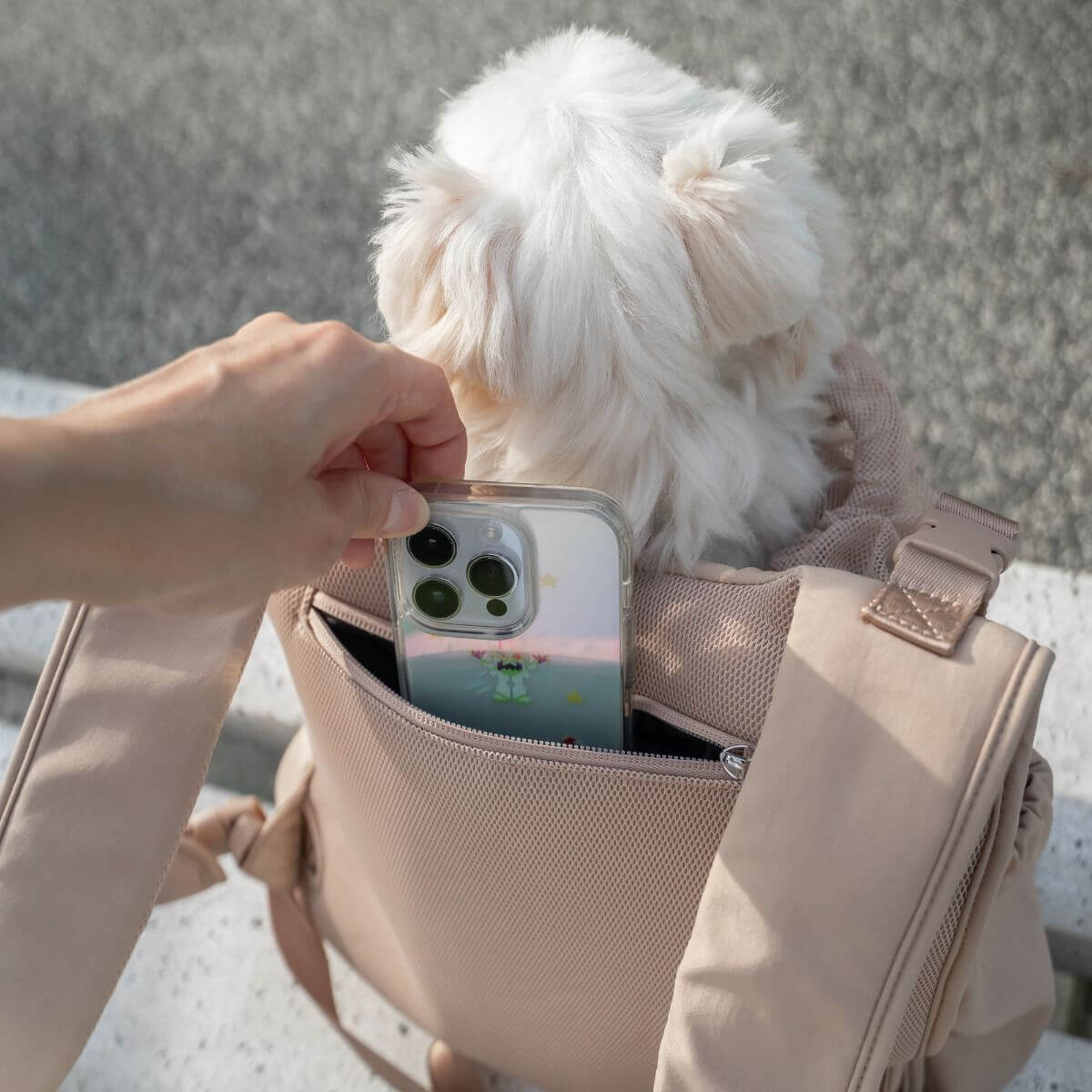 Pups and Bubs Let's Adventure Backpack in Desert showcasing pockets.
