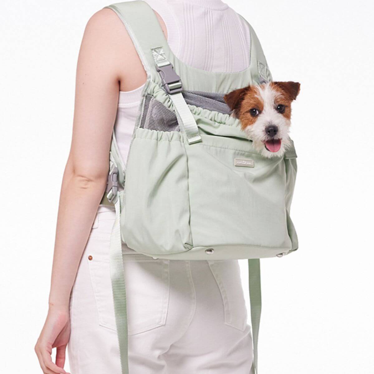 Pups and Bubs Let's Adventure Backpack in Mint Green against a white background.