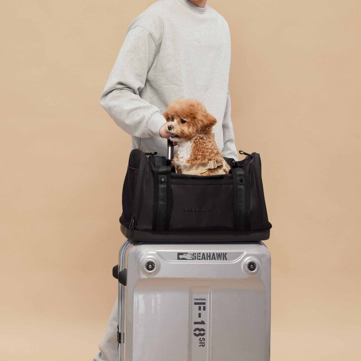 A dog peeking out of the top opening of the Pups and Bubs Onboard Travel Carrier with a man demonstrating luggage slot for easy transport.