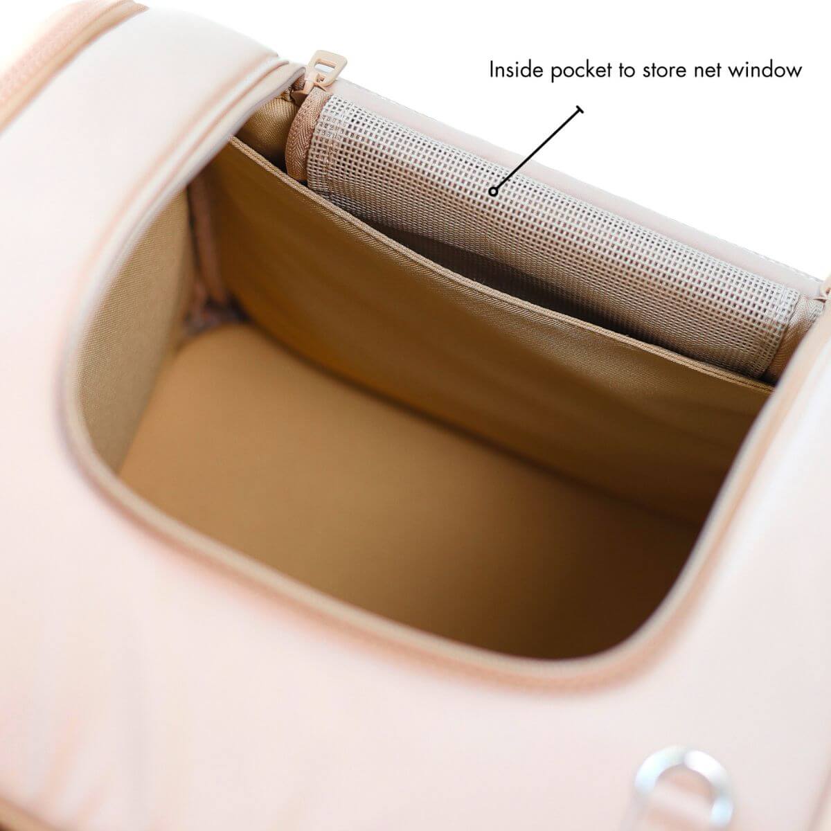 The inside of the Pups and Bubs Travelers Backpack in Desert.