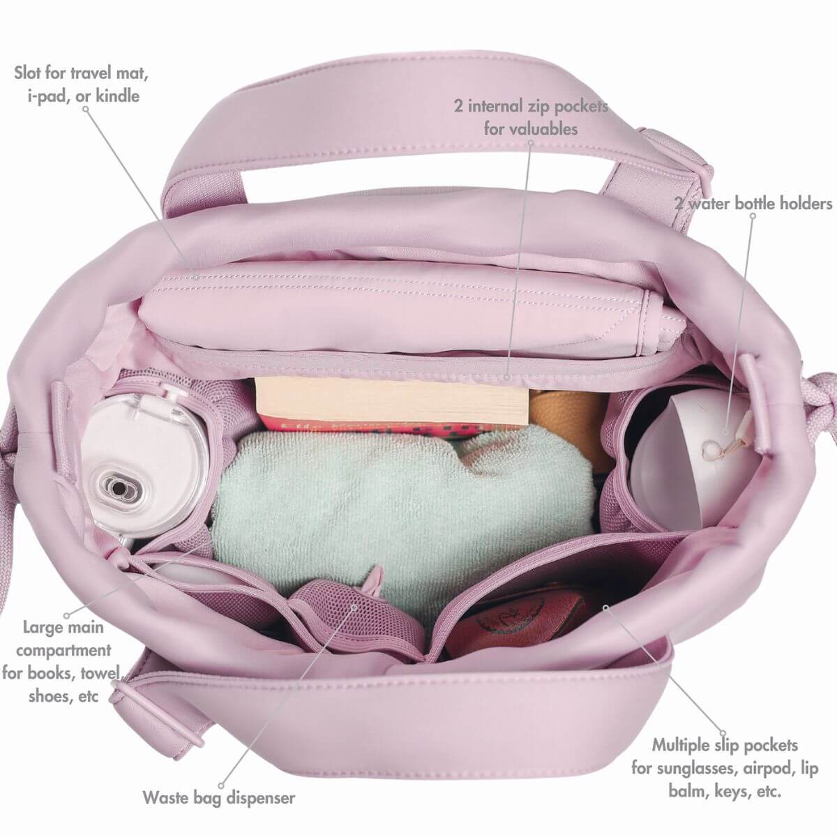 All storage compartments of the Pups and Bubs All Day Chill Bag in Rose.