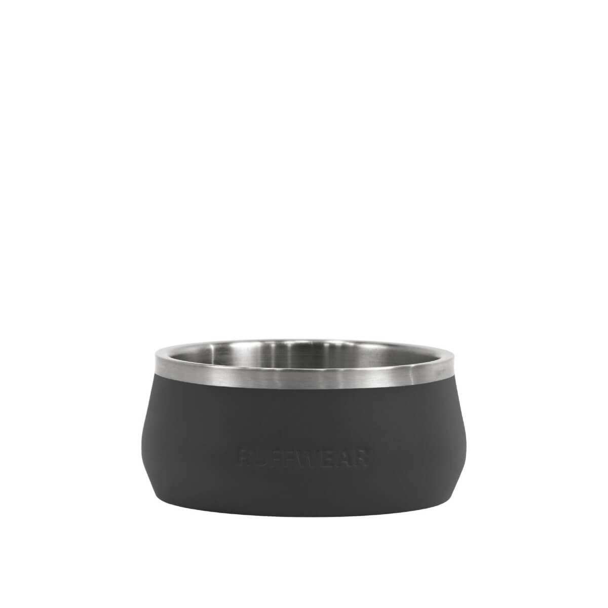 Black pet bowl with silver rim on a white background