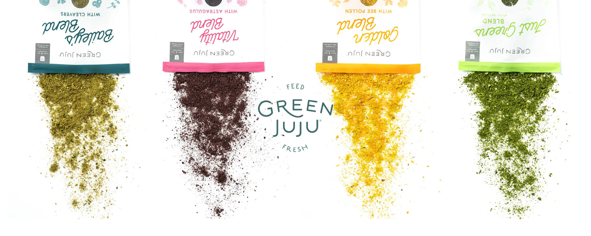 Four packages of Green juju freeze dried vegetable blends and the Green Juju logo