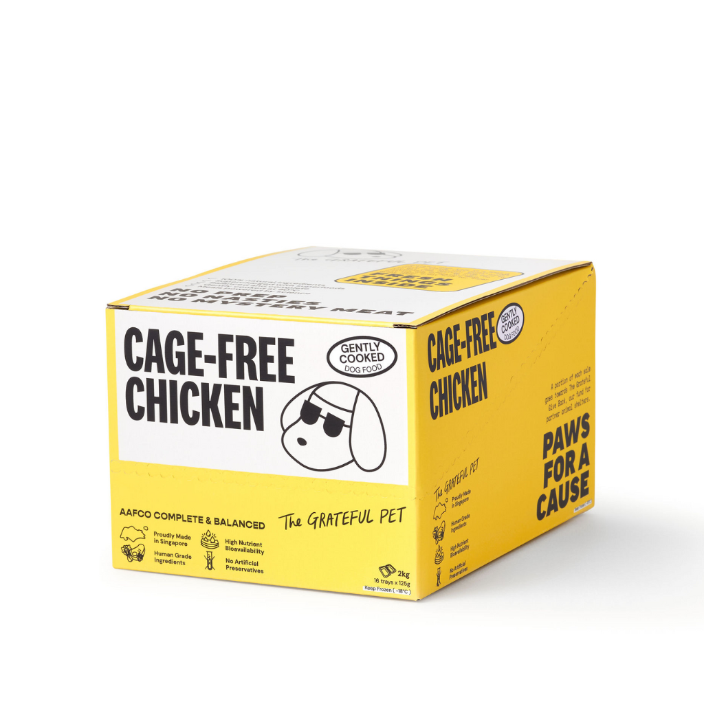 Box of cage-free chicken product with branding on a white background