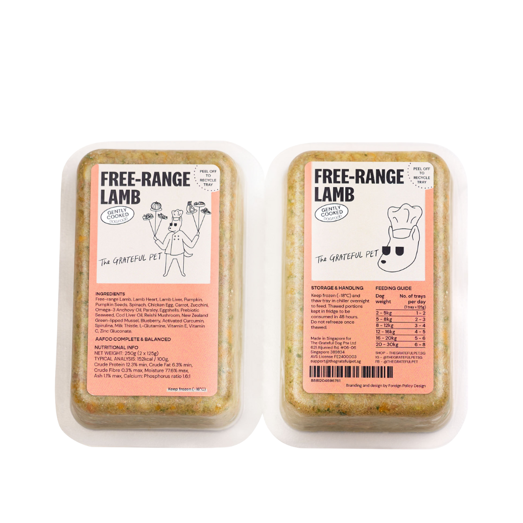 Two packages of 'Free-Range Lamb' pet food on a white background