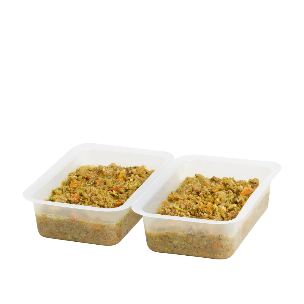 Two plastic containers with pet food on a white background