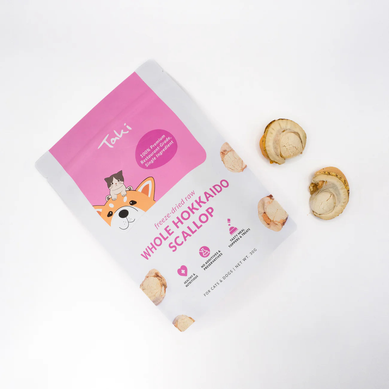 Taki pet food package with whole Hokkaido scallops on a white background