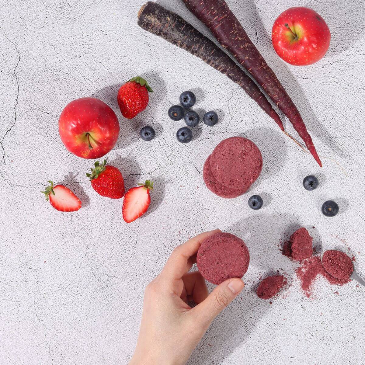 Ingredients of the Arlo Kitchen Detox Purple Veggie Patties against a white background.
