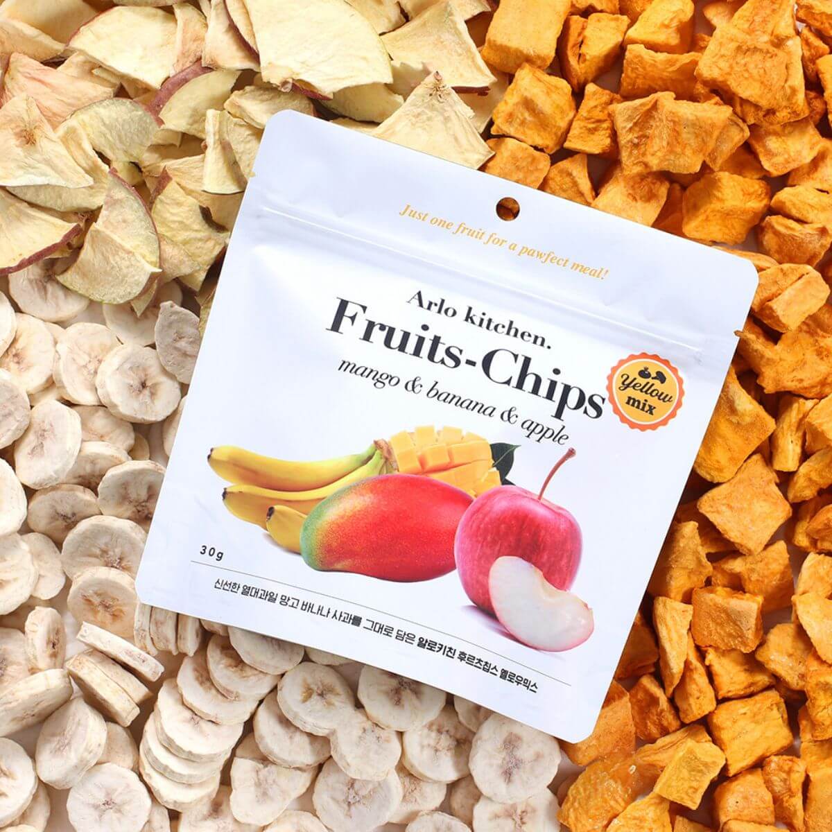 Arlo Kitchen Fruit Chips Mix against a background of fruits.