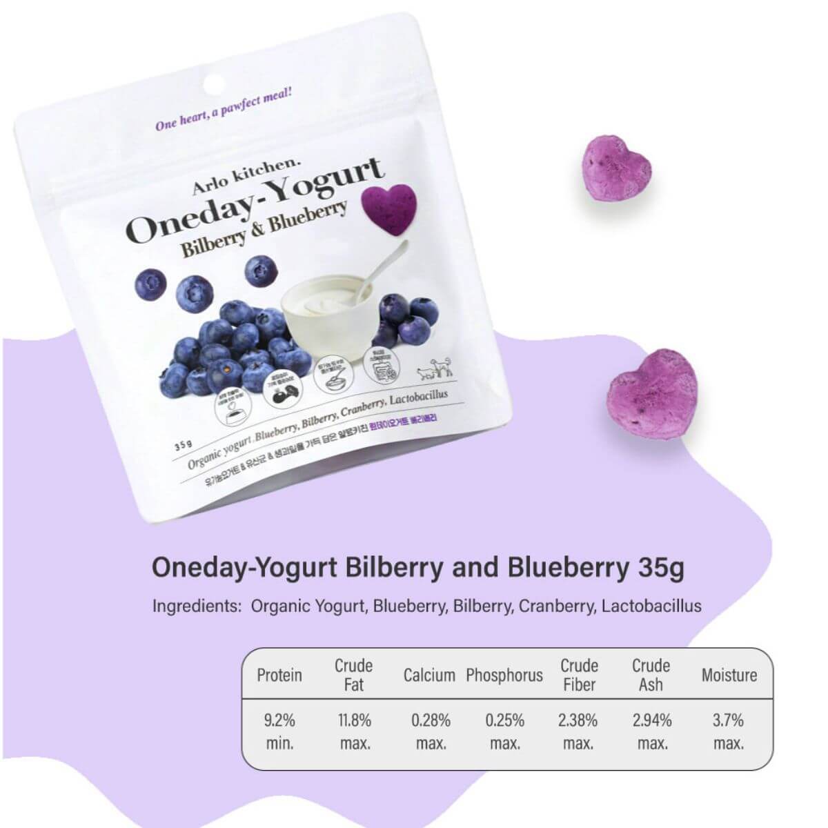 Nutritional facts of Arlo Kitchen Oneday Yogurt Bilberry and Blueberry against a white bakground.