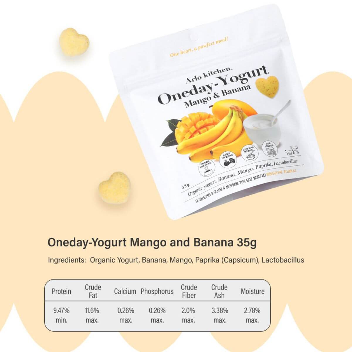 Nutritional facts of the Arlo Kitchen Oneday Yogurt Mango and Banana treats.