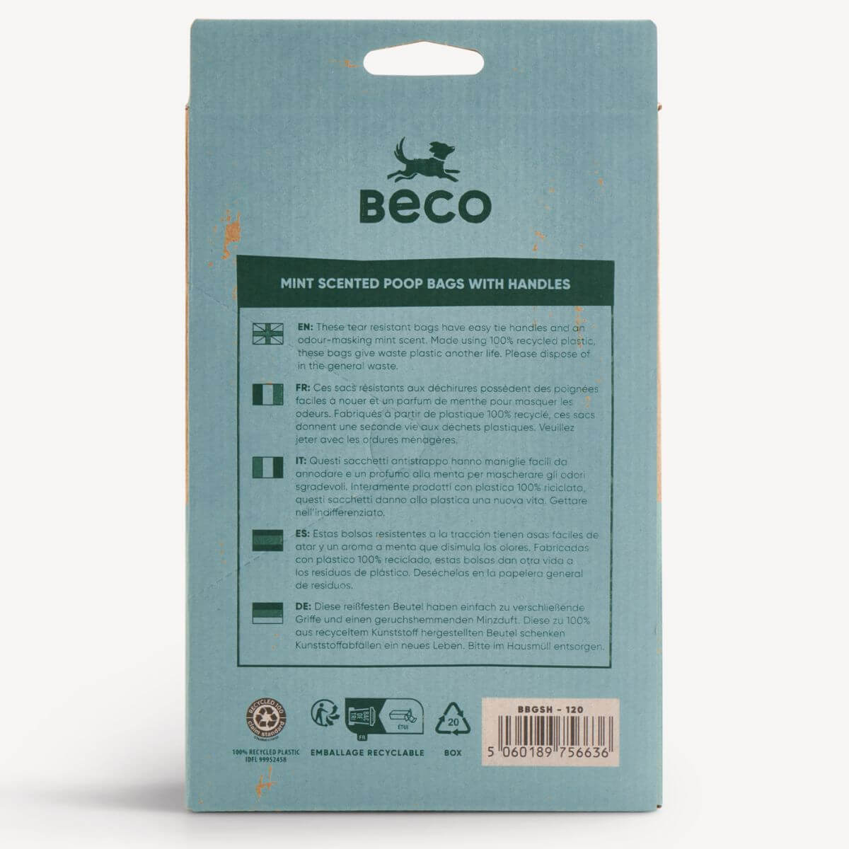 Packaging of Beco mint scented poop bags with handles - back view.