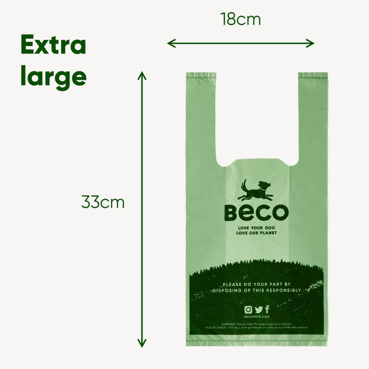 Dimensions of the Beco mint scented poop bags with handles.