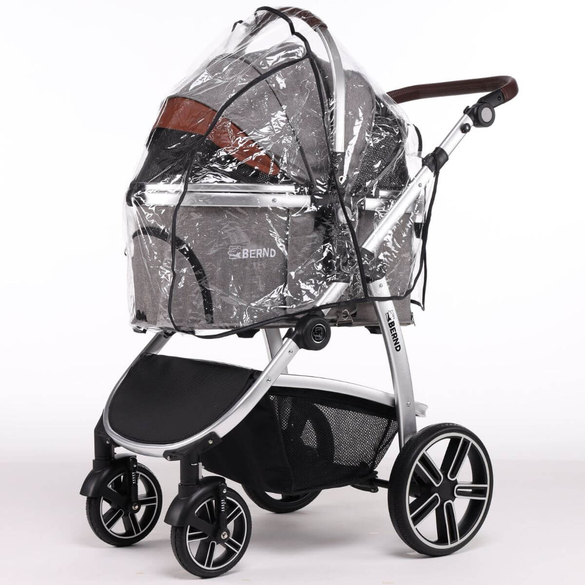 Bernd Pets Prime V2 with ISOFIX Glacier Grey against a white background with rain cover.