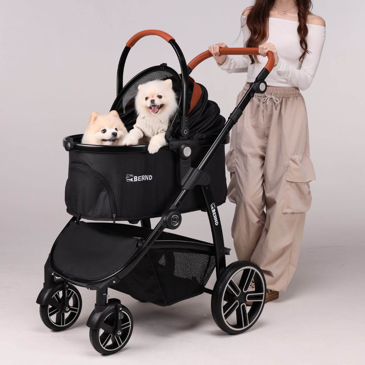 A woman pushing the Bernd Pets Prime V2 with ISOFIX Raven Black against a white background with 2 dogs in it.