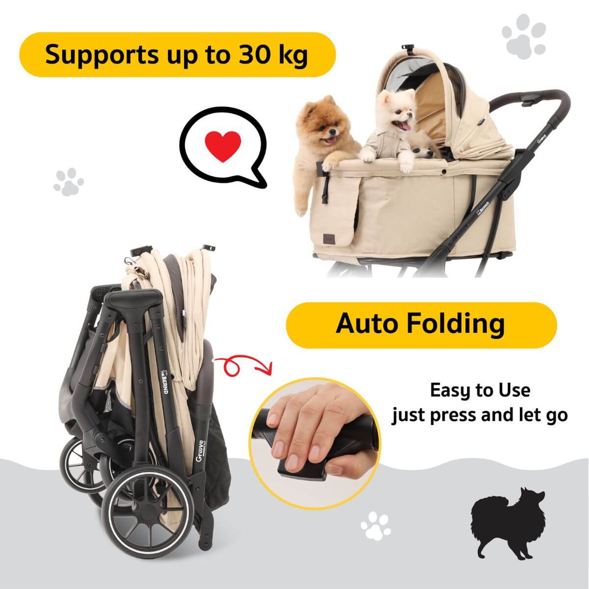 Bernd Pets Autofold Groove Pet Stroller infographic.