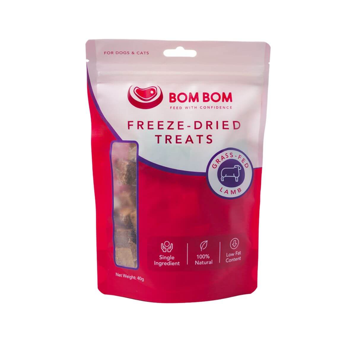 bom bom freeze dried treats lamb against a white background.
