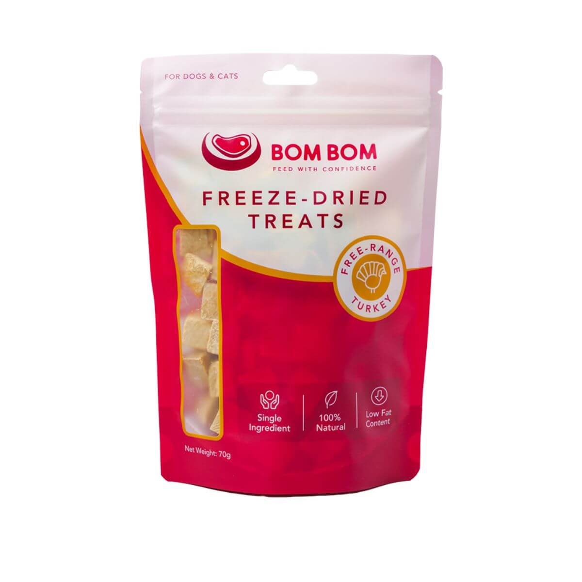 bom bom freeze dried treats turkey against a white background.