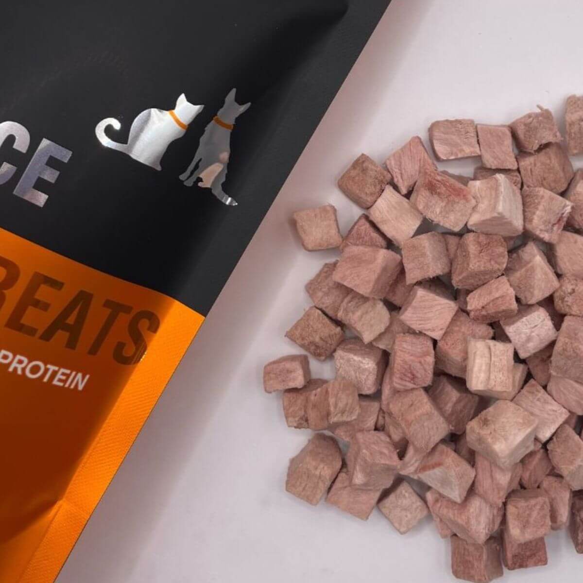 Freeze Dry Australia Turkey Dice packaging and cubed / diced contents against a white background.