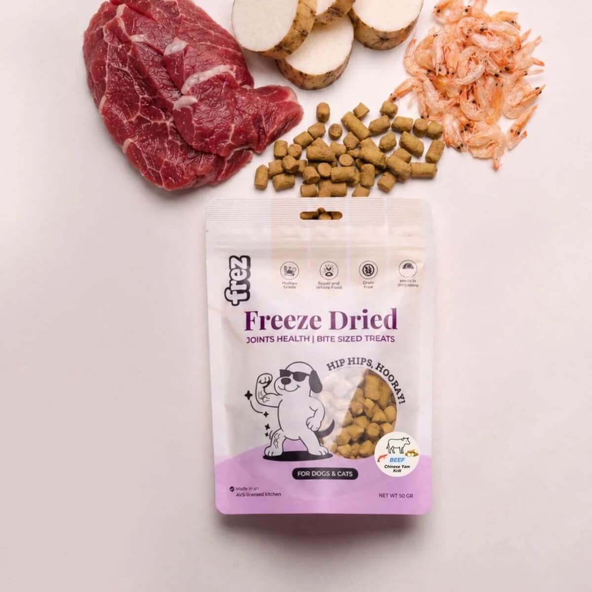 frez beef, chinese yam, and krill treats against a white background.