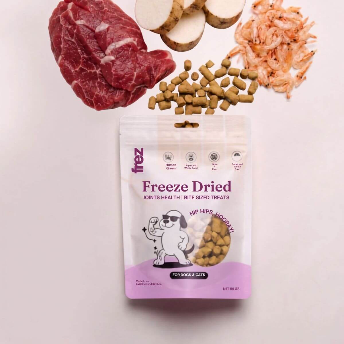 frez venison, chinese yam, and krill treats, against a white background.