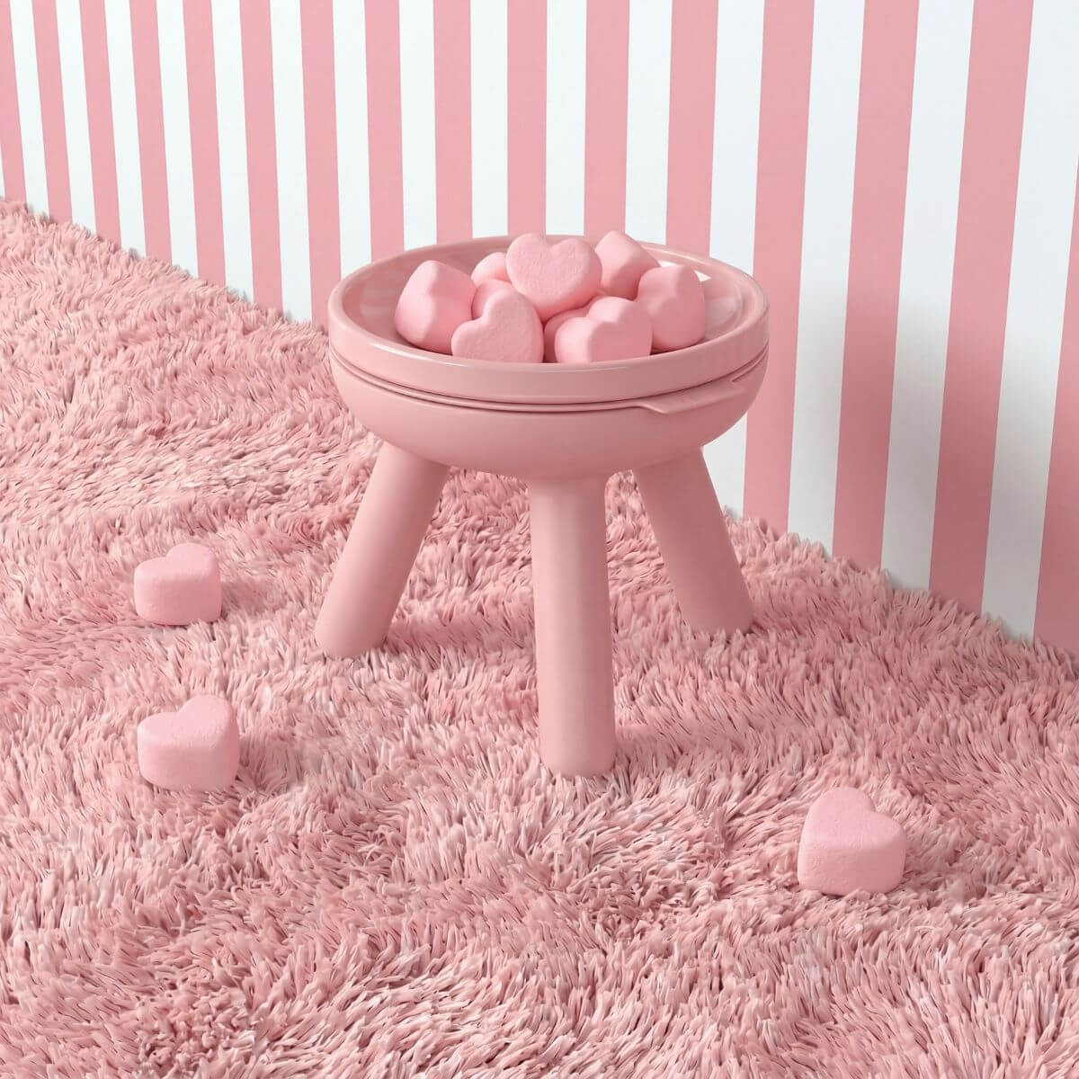 inherent outdoor oreo table in baby pink on a pink carpet, against a pink striped background with heart-shaped treats spilling out of the bowl.